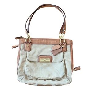 Y2K VTG Coach Shoulder‎ Tote Bag F1152-13301 Beige Canvas Brown Leather